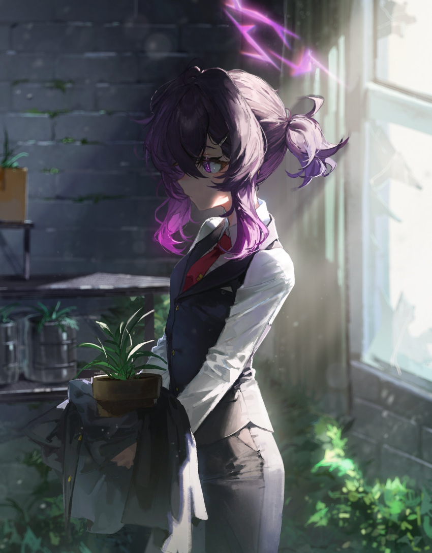 1girl absurdres black_skirt black_vest blue_archive closed_mouth collared_shirt flower_pot hair_between_eyes halo haruka_(blue_archive) haruka_(suit)_(blue_archive) highres holding holding_flower_pot indoors long_sleeves medium_hair necktie official_alternate_costume plant potted_plant purple_eyes purple_hair purple_halo quasarcake red_necktie shirt skirt solo vest white_shirt