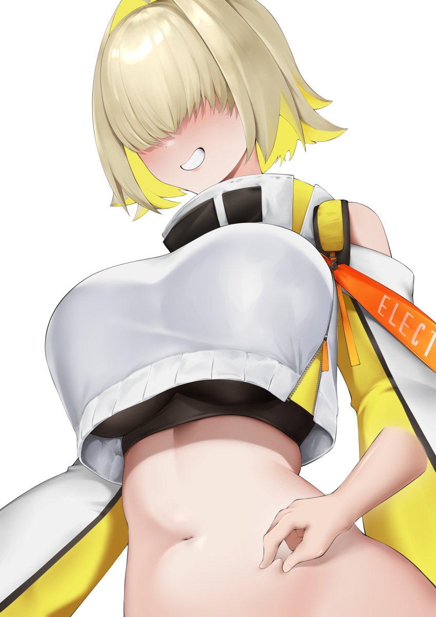 1girl absurdres ahoge bare_shoulders belly_grab black_sports_bra blonde_hair breasts clothing_cutout commentary disembodied_limb elegg_(nikke) from_below goddess_of_victory:_nikke grin hair_intakes hair_over_eyes highres large_breasts long_sleeves looking_up midriff multicolored_hair navel ryuvie shirt short_hair shoulder_cutout sidelocks simple_background smile solo_focus sports_bra standing teeth two-tone_hair white_background white_shirt zipper zipper_pull_tab