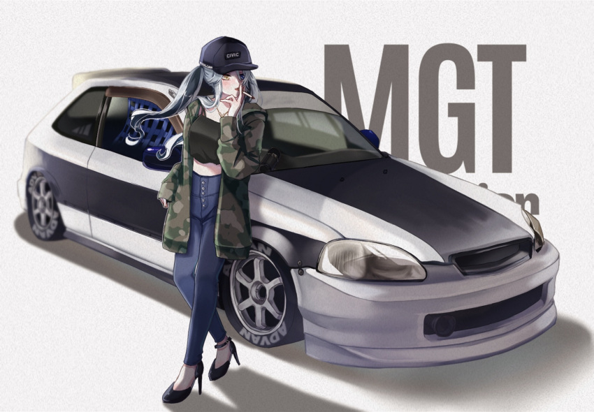 1girl advan black_footwear black_hair black_headwear black_shirt blue_eyes blue_pants blush cigarette cropped_shirt denim grey_hair heterochromia high-waist_pants high_heels highres holding holding_cigarette honda honda_civic hood hood_down hooded_jacket jacket jeans mugi_(marineblue134) multicolored_hair original pants personification shadow shirt solo streaked_hair twintails vehicle_and_personification vehicle_focus yellow_eyes