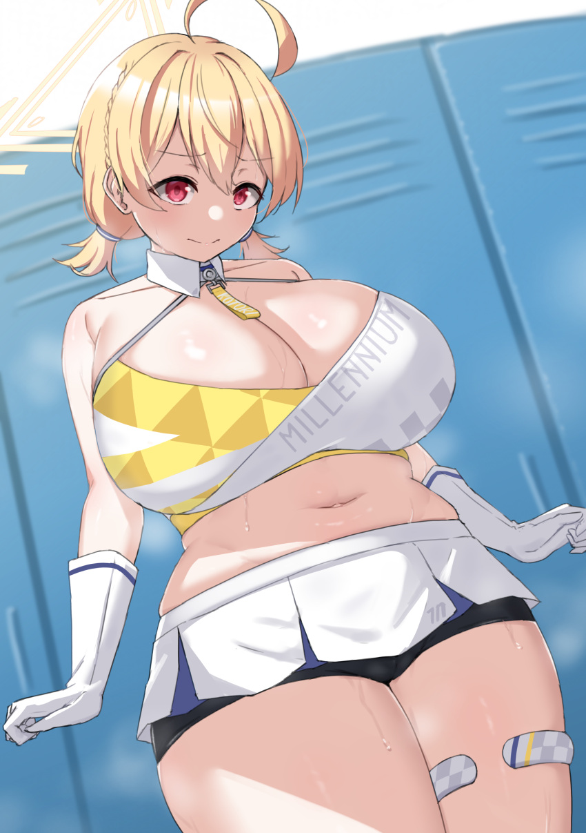 1girl absurdres ahoge bare_shoulders bike_shorts blonde_hair blue_archive blush breasts cameltoe cheerleader cleavage curvy gloves halo highres huge_breasts indoors kotori_(blue_archive) kotori_(cheer_squad)_(blue_archive) locker locker_room looking_at_viewer midriff millennium_cheerleader_outfit_(blue_archive) miniskirt muffin_top navel noe_(ppppriver) official_alternate_costume plump red_eyes short_twintails skindentation skirt solo standing steam steaming_body stomach sweat thick_thighs thigh_strap thighs twintails