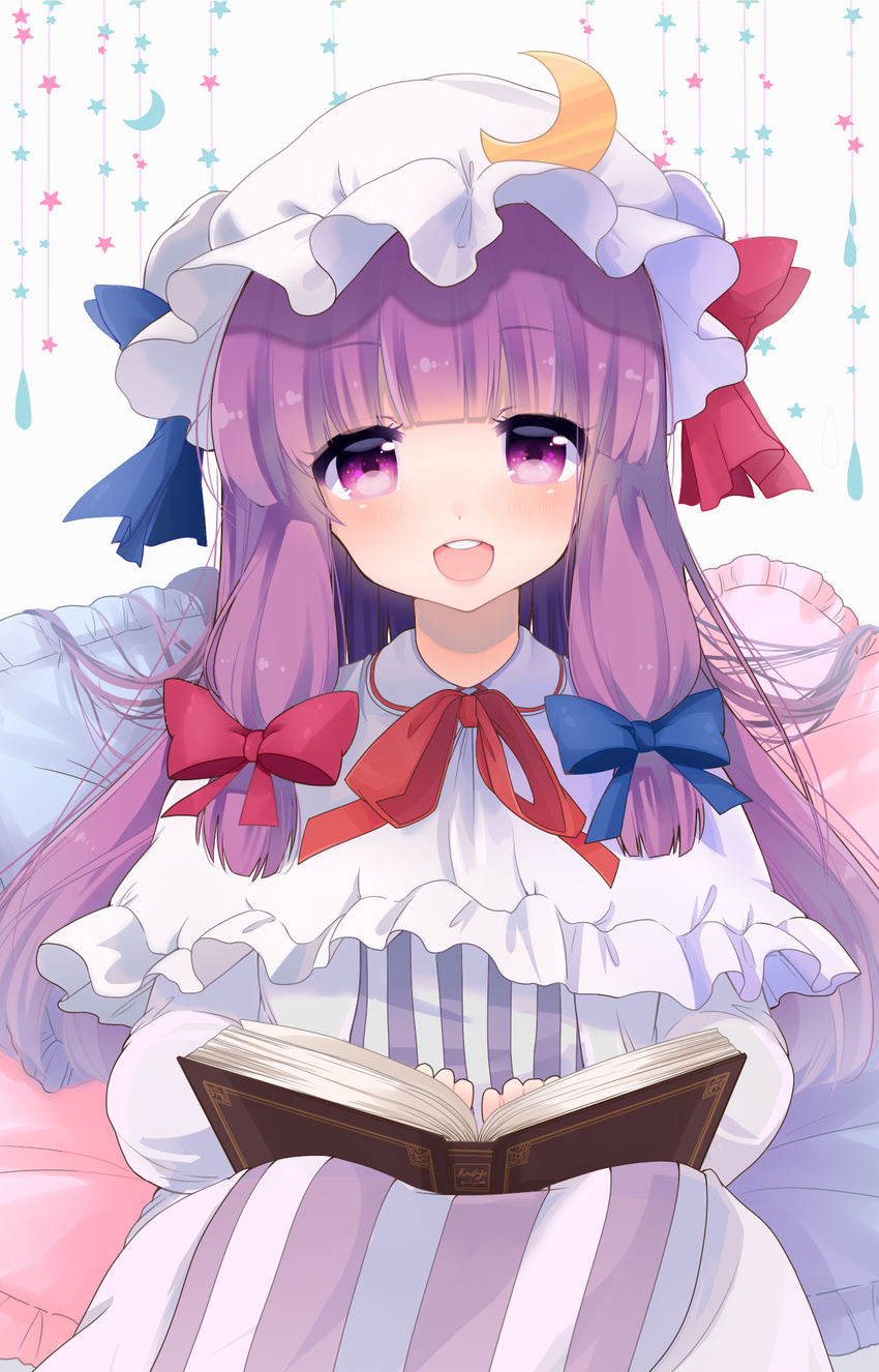 :d blush book capelet crescent dress hair_ribbon hat highres long_hair long_sleeves looking_at_viewer open_mouth patchouli_knowledge pillow purple_eyes purple_hair ribbon shiika_yuno sitting smile solo striped striped_dress touhou tress_ribbon very_long_hair