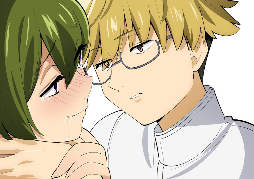 1boy 1girl blonde_hair blush brown_hair clenched_teeth commentary_request green_hair grey-framed_eyewear half-closed_eyes highres land_(sousou_no_frieren) looking_at_another parted_lips purple_eyes sakura_1110ssmm saliva saliva_trail semi-rimless_eyewear simple_background sousou_no_frieren strangling tearing_up teeth ubel_(sousou_no_frieren) under-rim_eyewear white_background