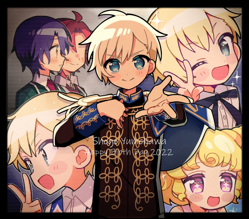 1girl 3boys 5.5 :d ;d aged_down avocado_academy_school_uniform black_border black_jacket blonde_hair blue_eyes blue_hair border brother_and_sister character_name closed_mouth collared_shirt commentary_request epaulettes green_jacket hand_on_own_chest hand_up hands_up happy_birthday highres idol_clothes idol_time_pripara jacket long_sleeves looking_at_viewer male_focus mitaka_asahi multiple_boys multiple_views neck_ribbon one_eye_closed open_mouth outstretched_arm pretty_series pripara purple_eyes reaching reaching_towards_viewer red_hair ribbon school_uniform shirt short_hair siblings smile takase_koyoi upper_body v white_shirt yumekawa_shogo yumekawa_yui