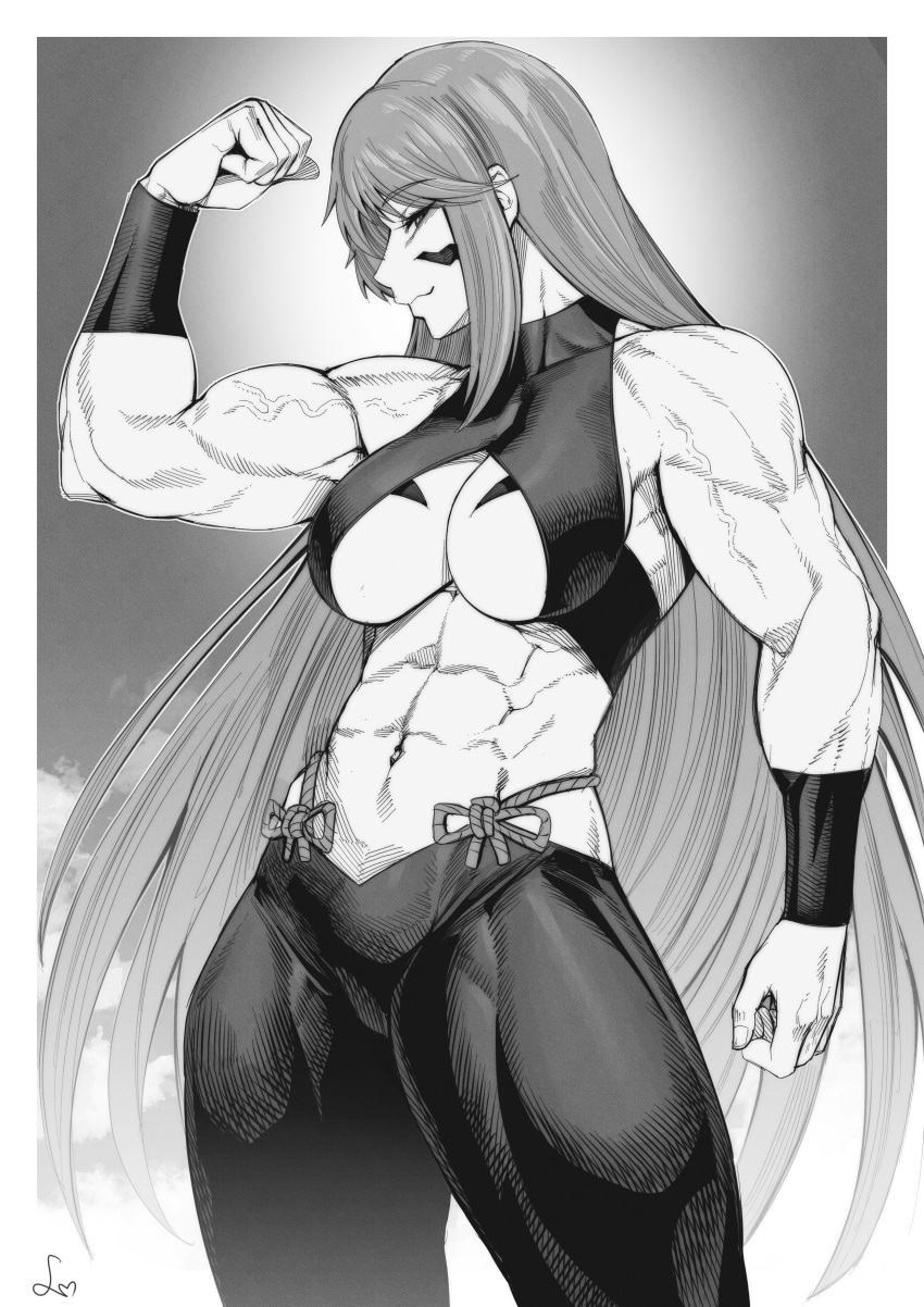 1girl abs absurdres biceps border breast_tattoo breasts cowboy_shot crop_top facial_tattoo flexing fuuma_kotarou_(tenkaichi) greyscale halterneck highres large_breasts long_hair looking_at_viewer looking_to_the_side monochrome muscular muscular_female navel outside_border pants profile revealing_clothes sidelocks signature sleeveless solo speedl00ver stomach tattoo tenkaichi_nihon_saikyou_bugeisha_ketteisen underboob veins veiny_arms very_long_hair white_border wristband