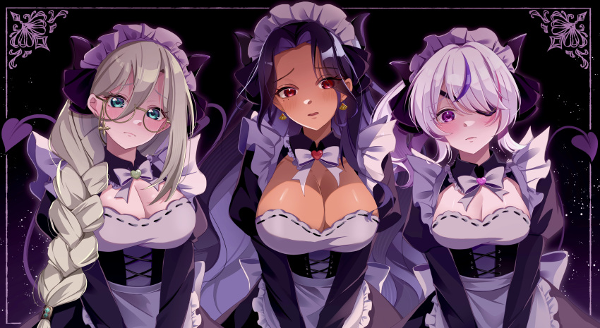 3girls absurdres aia_amare apron aqua_eyes back_bow black_corset black_dress black_hair black_horns black_ribbon blonde_hair blush bow bowtie breasts brooch cleavage cleavage_cutout clothing_cutout collar collared_dress corset dark-skinned_female dark_skin demon_girl demon_horns demon_tail dress earrings eyepatch frilled_apron frilled_collar frills glasses grey_hair hair_between_eyes hair_ribbon hair_tubes heart heart-shaped_pupils heart_brooch highres horns jewelry kano3 large_breasts long_hair maid maid_headdress maria_marionette medium_breasts mole mole_under_eye multicolored_hair multiple_girls nijisanji nijisanji_en parted_lips pink_hair puffy_short_sleeves puffy_sleeves purple_eyes purple_hair red_eyes ribbon scarle_yonaguni semi-rimless_eyewear short_sleeves streaked_hair symbol-shaped_pupils tail virtual_youtuber waist_apron white_bow white_bowtie