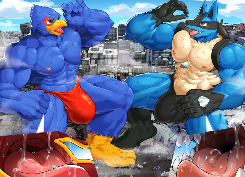 absurd_res avian bird blue_body bodily_fluids building bulge bus canid canine car city clothing cloud commercial_vehicle destruction detailed_bulge duo falco_lombardi generation_4_pokemon genital_outline hi_res lucario macro male mammal mayar mouth_shot muscular muscular_male nintendo open_mouth pokemon pokemon_(species) saliva sitting speedo star_fox swimwear tongue tongue_out vehicle vore