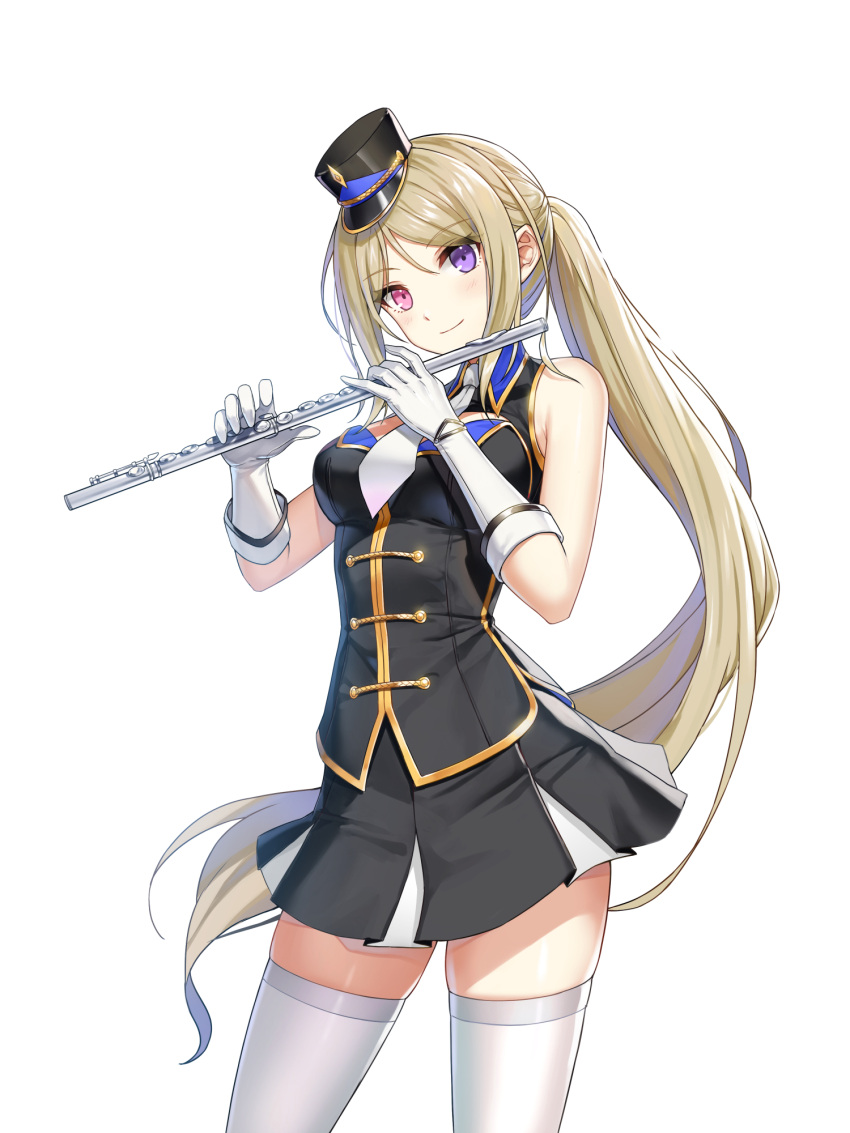 1girl alternate_hair_color bai_winchester band_uniform bare_shoulders black_headwear black_jacket black_skirt blonde_hair breasts buttons cleavage_cutout closers clothing_cutout collared_jacket cowboy_shot double-breasted flute fold-over_gloves gloves hands_up hat head_tilt heterochromia highres holding holding_flute holding_instrument instrument jacket legs_apart long_hair looking_at_viewer marching_band medium_breasts mini_shako_cap miniskirt necktie official_art parted_bangs pink_eyes pleated_skirt ponytail purple_eyes shako_cap sidelocks skirt sleeveless sleeveless_jacket smile solo standing thighhighs transverse_flute very_long_hair white_background white_gloves white_necktie white_thighhighs zettai_ryouiki