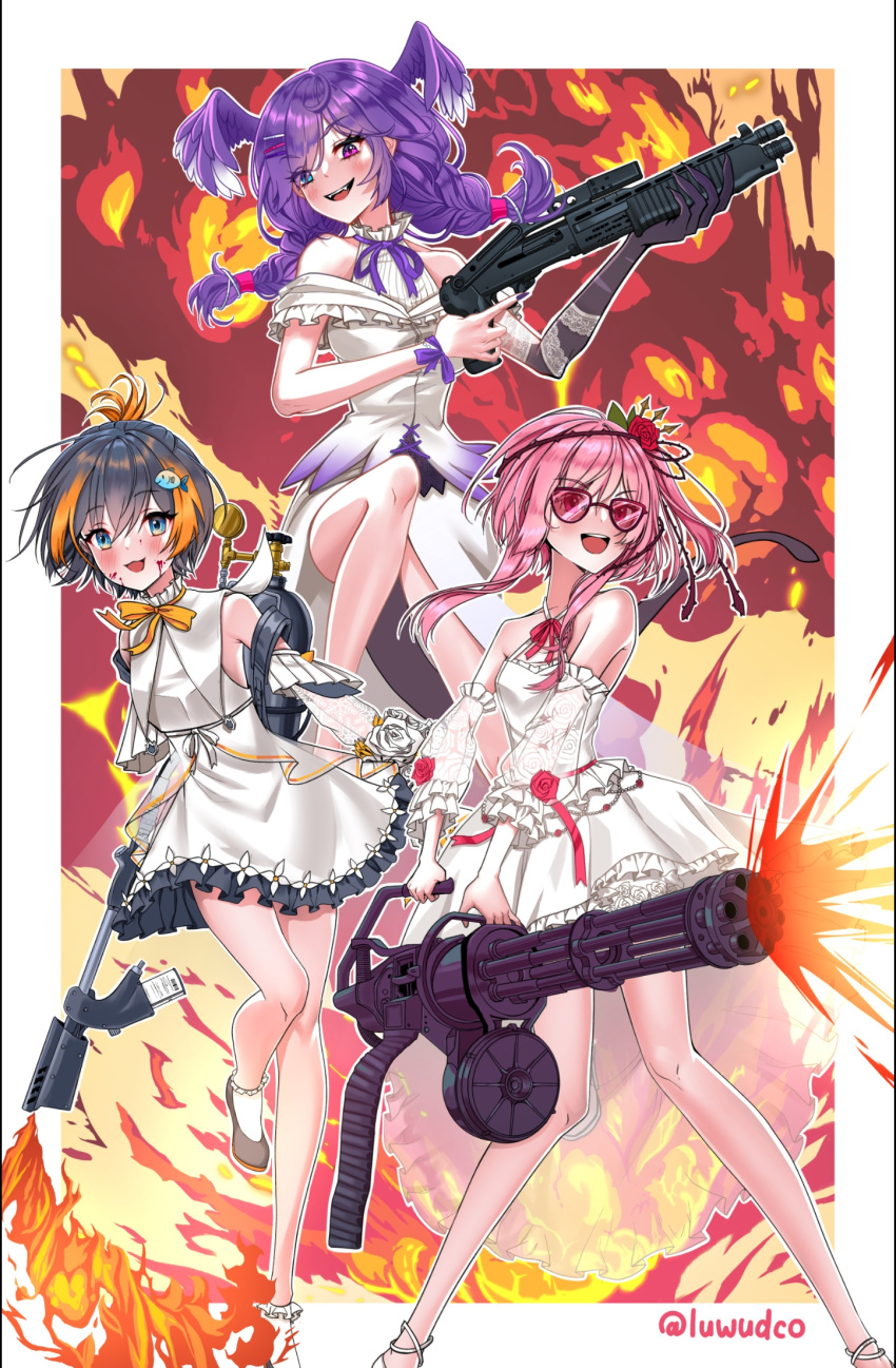 3girls bare_shoulders black_hair blood blood_on_face blue_eyes blush border detached_sleeves dress english_commentary fiery_background fire firing flamethrower flower full_body gatling_gun gun hair_ornament hairclip head_wings heterochromia highres holding holding_gun holding_weapon long_hair looking_at_viewer low_twintails luwudco military_vehicle minigun motor_vehicle multicolored_hair multiple_girls nijisanji nijisanji_en obsydia_(nijisanji) open_mouth orange_hair outside_border petra_gurin pink-tinted_eyewear pink_hair pump_action purple_hair red_eyes rose rosemi_lovelock selen_tatsuki shoes short_hair shotgun smile spas-12 standing streaked_hair tank tinted_eyewear twintails twitter_username virtual_youtuber weapon white_border white_dress white_footwear wings