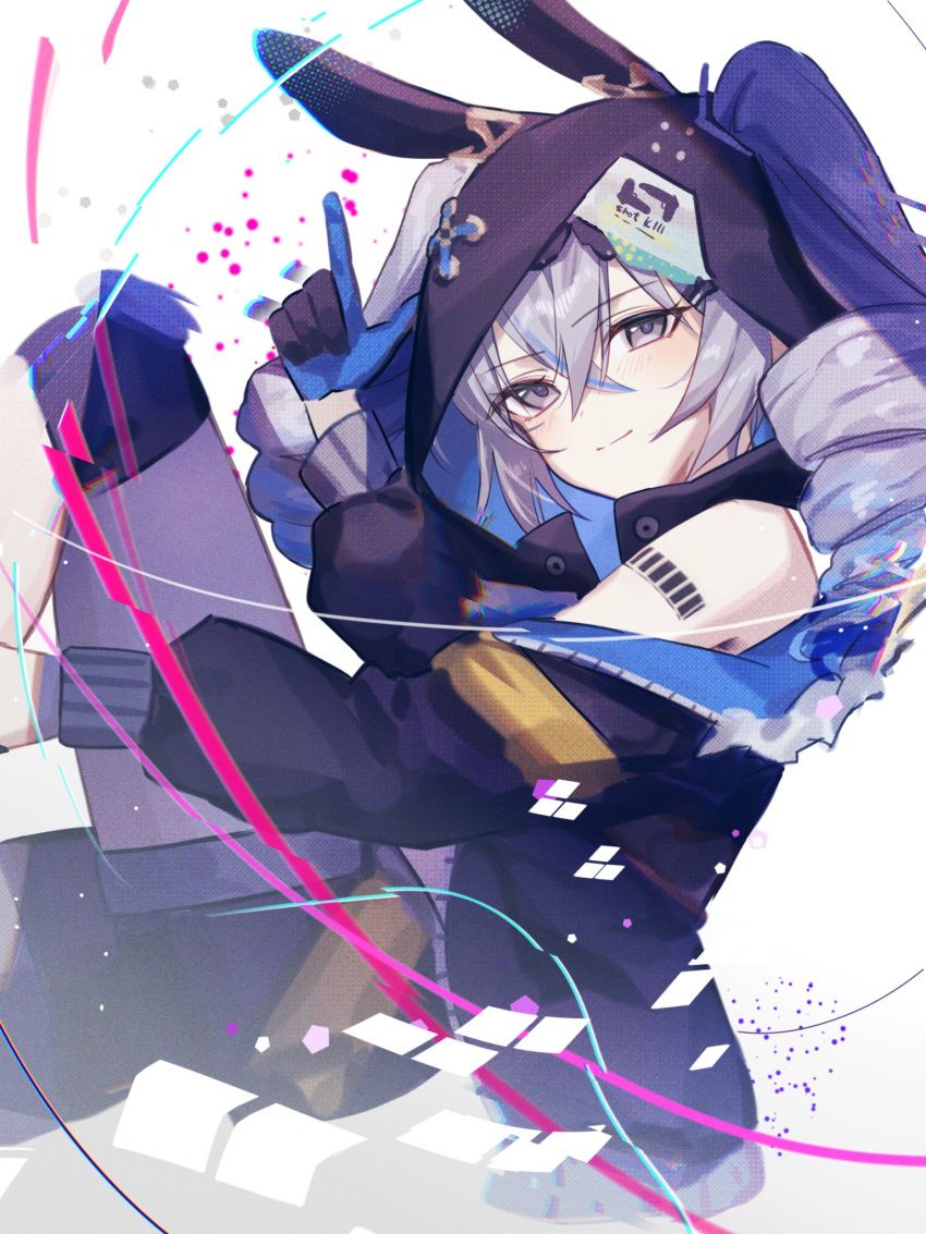 1girl animal_ears barcode barcode_tattoo black_gloves bronya_zaychik bronya_zaychik_(haxxor_bunny) drill_hair gloves grey_eyes grey_hair highres honkai_(series) honkai_impact_3rd jacket karamaru626 long_hair rabbit_ears rabbit_girl smile solo tattoo twin_drills