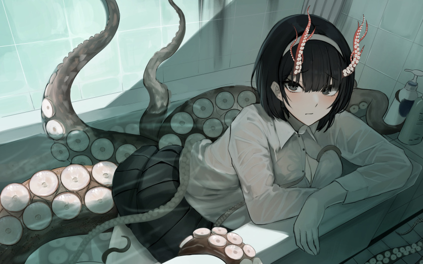 1girl absurdres bathtub black_eyes black_hair black_skirt button_gap closed_mouth collared_shirt hana_hebi highres indoors long_sleeves looking_at_viewer medium_hair monster_girl original partially_submerged pleated_skirt scylla shadow shirt skirt solo suction_cups tentacles tile_wall tiles wet wet_clothes white_shirt