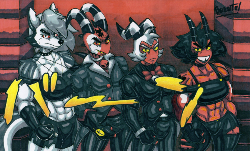 2024 2_horns abs anthro biceps black_eyes black_hair blitzo_(helluva_boss) bottomwear bow_tie breasts canid canid_demon canine clothed clothing crop_top demon demon_humanoid detailed_background eyebrow_piercing eyelashes facial_piercing female fingerless_gloves fluffy fluffy_tail freckles fur gloves graphite_(artwork) grey_body grey_fur group hair handwear hellhound helluva_boss hi_res horn horned_humanoid humanoid imp jojo's_bizarre_adventure long_hair long_tail looking_at_viewer loona_(helluva_boss) male mammal marker_(artwork) meme menacing_(meme) midriff millie_(helluva_boss) moxxie_(helluva_boss) multicolored_body multicolored_fur multicolored_skin muscular muscular_anthro muscular_female muscular_humanoid muscular_male mythological_canine mythological_creature mythology off_shoulder parasitedeath pencil_(artwork) piercing pose red_body red_eyes red_sclera red_skin scar sharp_teeth shirt short_hair shorts silver_hair smile spikes spikes_(anatomy) tail teeth tooth_gap topwear traditional_media_(artwork) two_tone_body two_tone_fur two_tone_skin white_body white_eyes white_fur white_hair white_skin yellow_sclera