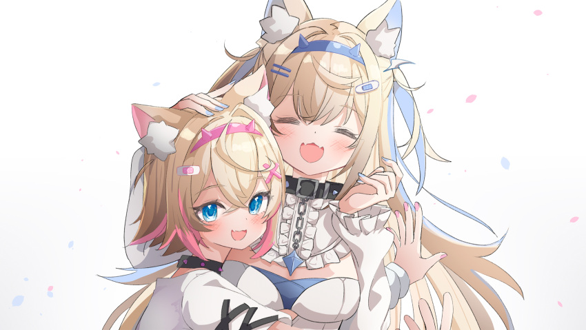 2girls :d ^_^ ame. animal_ear_fluff animal_ears blue_eyes blue_hair blue_hairband blue_nails blush breasts closed_eyes commentary dog_ears dress facing_viewer fang fangs fuwawa_abyssgard hair_between_eyes hair_ornament hairband hairclip hand_on_another's_head hands_up highres hololive hololive_english light_brown_hair long_hair long_sleeves looking_at_viewer medium_breasts mococo_abyssgard multicolored_hair multiple_girls nail_polish pink_hair pink_hairband pink_nails puffy_long_sleeves puffy_sleeves revision shirt short_sleeves siblings simple_background sisters smile streaked_hair twins two_side_up upper_body virtual_youtuber white_background white_dress white_shirt x_hair_ornament