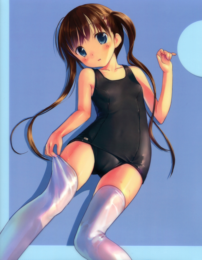 absurdres black_school_swimsuit blue_eyes blush brown_hair highres long_hair looking_at_viewer lying on_back one-piece_swimsuit open_mouth original scan school_swimsuit solo swimsuit takoyaki_(roast) thighhighs twintails white_legwear