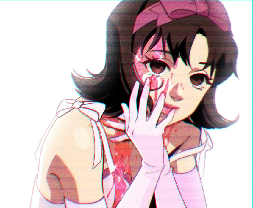 1girl blood blood_on_chest blood_on_face bow brown_eyes brown_hair dress elbow_gloves glitter gloves hair_bow hairband hand_on_own_chest hand_on_own_face kirigoe_mima looking_at_viewer perfect_blue pink_bow pink_dress pink_gloves pink_hairband pink_lips pirorin21century short_hair simple_background smile solo white_background