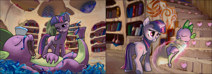 book confetti couple cub cupcake cutie_mark dragon equine female friendship_is_magic horn horse inside library magic male mammal my_little_pony pony purple_body purple_eyes sleeping spike_(mlp) spines theinexplicablebrony twilight_sparkle_(mlp) unicorn young