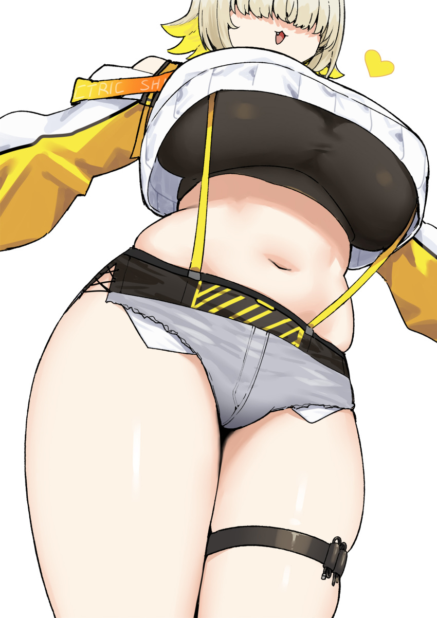 1girl :d black_shirt blonde_hair breasts colored_inner_hair covered_eyes crop_top crop_top_overhang cutoffs elegg_(nikke) exposed_pocket from_below goddess_of_victory:_nikke grey_shorts hair_over_eyes heart highres large_breasts long_sleeves micro_shorts midriff multicolored_hair navel open_mouth shirt short_hair short_shorts shorts side_slit simple_background skindentation sky-freedom smile solo stomach suspenders thigh_strap thighs underboob undershirt white_background white_shirt