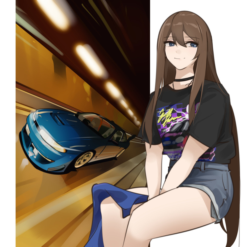 1girl absurdres asamiya_mariko black_choker blue_eyes brown_hair car choker collarbone ford ford_taurus grey_shorts hair_between_eyes highres holeecrab jewelry long_hair looking_to_the_side motor_vehicle nascar necklace nissan nissan_s14_silvia nissan_silvia original shirt_tucked_in short_shorts shorts sitting smile solo spoiler_(automobile) tunnel very_long_hair