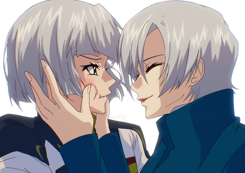 1boy 1girl blue_eyes closed_eyes closed_mouth coat ezalia_joule formal gundam gundam_seed gundam_seed_freedom hand_on_another's_cheek hand_on_another's_face highres long_sleeves military military_uniform mother_and_son short_hair smile uniform upper_body white_hair wprrg yzak_joule
