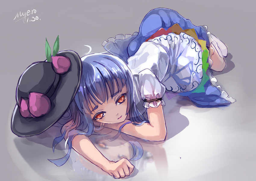 absurdres blue_hair dated food fruit hat hat_removed headwear_removed highres hinanawi_tenshi looking_at_viewer lying myero on_side peach puffy_sleeves red_eyes reflection reflective_floor shirt short_sleeves signature skirt solo touhou