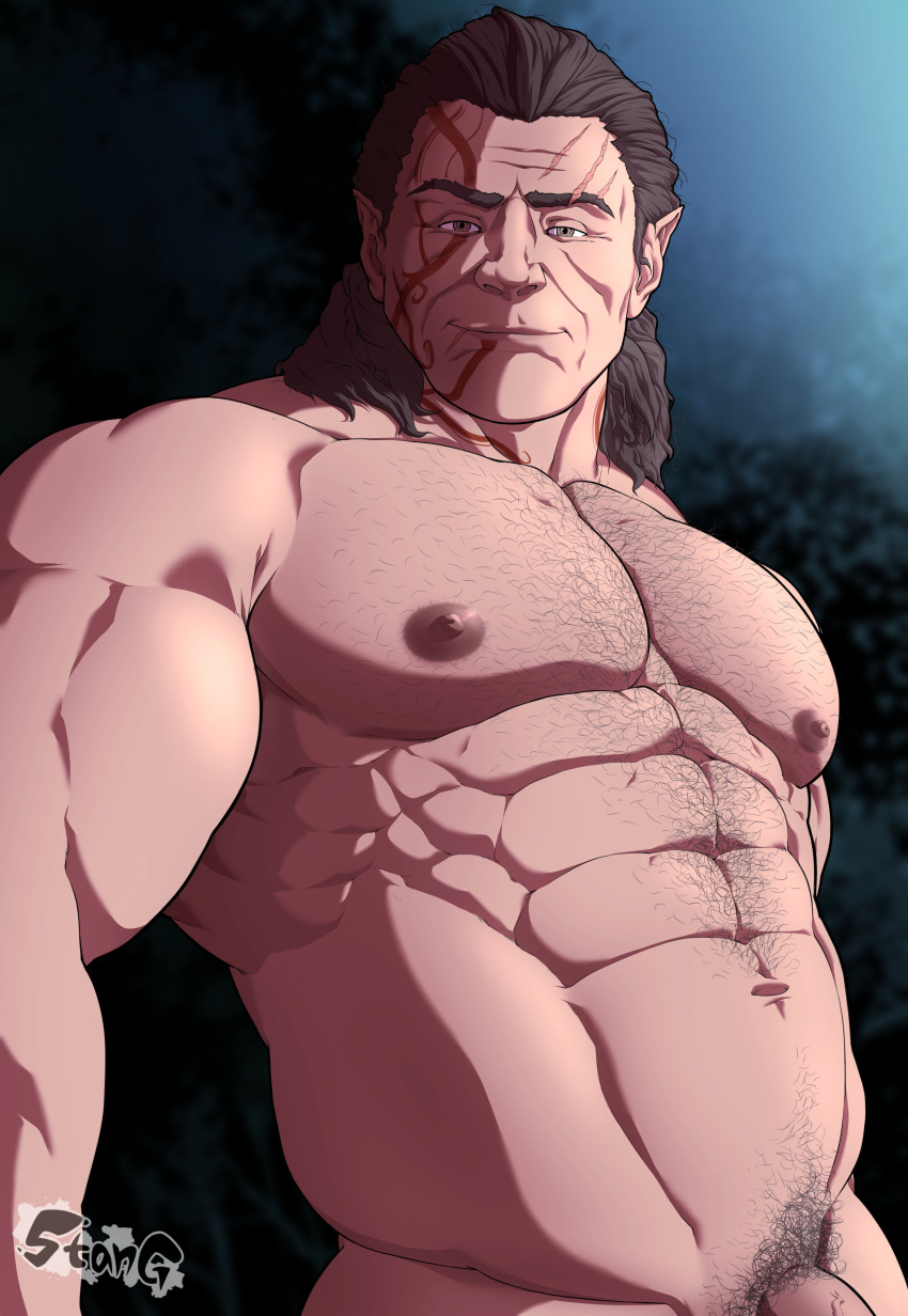 1boy abs absurdres baldur's_gate baldur's_gate_3 bara brown_hair completely_nude dark-skinned_male dark_skin dungeons_and_dragons elf forest from_below halsin highres large_pectorals looking_at_viewer male_focus male_pubic_hair mature_male medium_hair muscular muscular_male nature navel night night_sky nipples nude paid_reward_available pectorals penis penis_peek pointy_ears pubic_hair seductive_smile sky smile solo sparse_chest_hair sparse_navel_hair stang_artad stomach strongman_waist thick_eyebrows