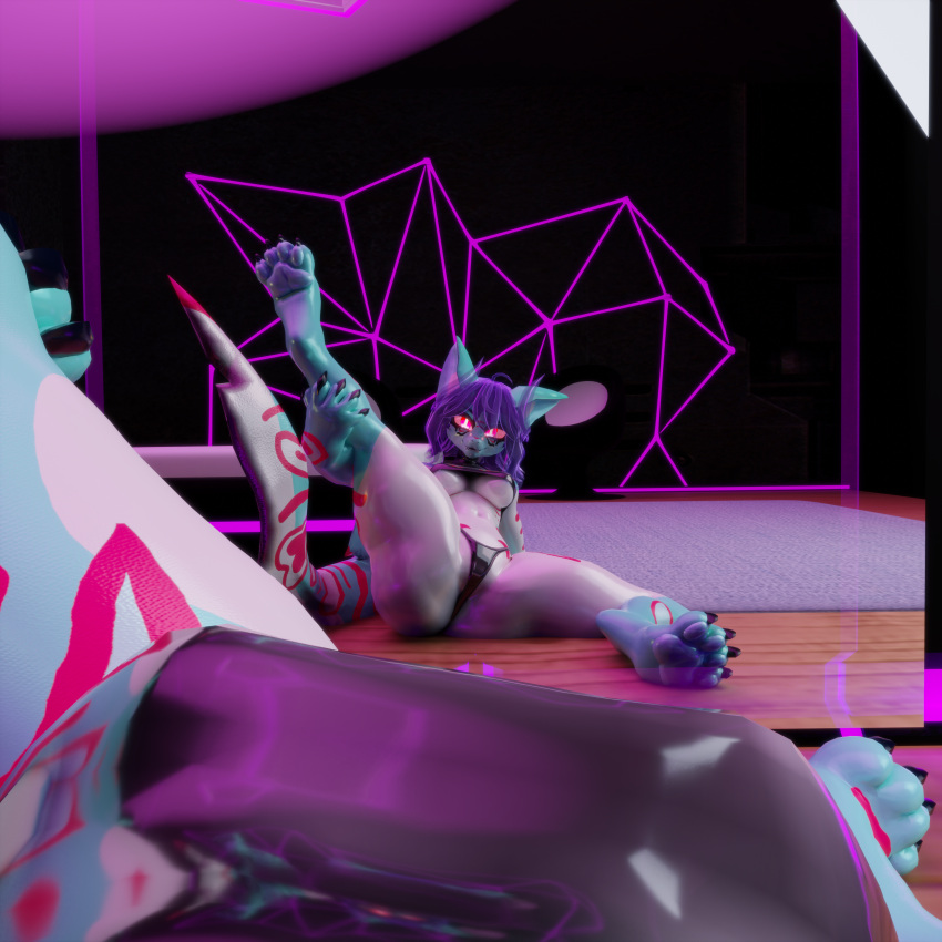 1:1 3d_(artwork) absurd_res anthro blender_(software) blender_cycles blue_body blurred_background breasts butt claws clothed clothing digital_media_(artwork) feet female first_person_view fish furniture glistening glistening_body hair hi_res huge_filesize latex latex_clothing latex_panties latex_underwear lilly_the_candy_shark looking_at_viewer marine markings mirror neon_lights nissiko panties paws purple_hair raised_leg red_eyes red_markings seductive shaded shark simple_background smile soft_shading solo solo_focus tail toes topwear underwear vrchat white_body