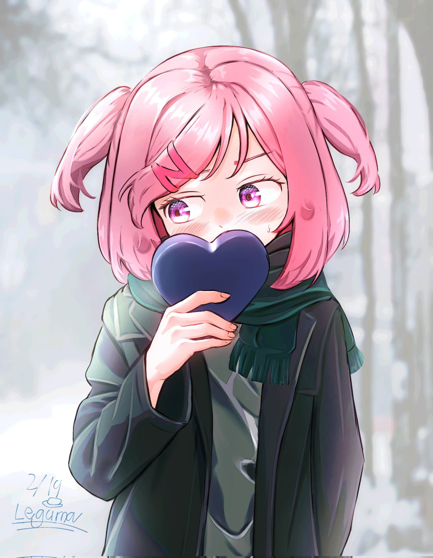 1girl artist_name averting_eyes blush box box_of_chocolates breasts chocolate coat covering_own_mouth dated doki_doki_literature_club embarrassed eyelashes food furrowed_brow green_coat green_scarf green_sweater hair_ribbon head_tilt heart-shaped_box highres holding holding_box holding_chocolate holding_food incoming_gift leguma looking_to_the_side natsuki_(doki_doki_literature_club) nervous outdoors pink_eyes pink_hair pink_ribbon ribbon scarf short_hair signature small_breasts solo standing sweatdrop sweater swept_bangs tree two_side_up upper_body valentine winter winter_clothes