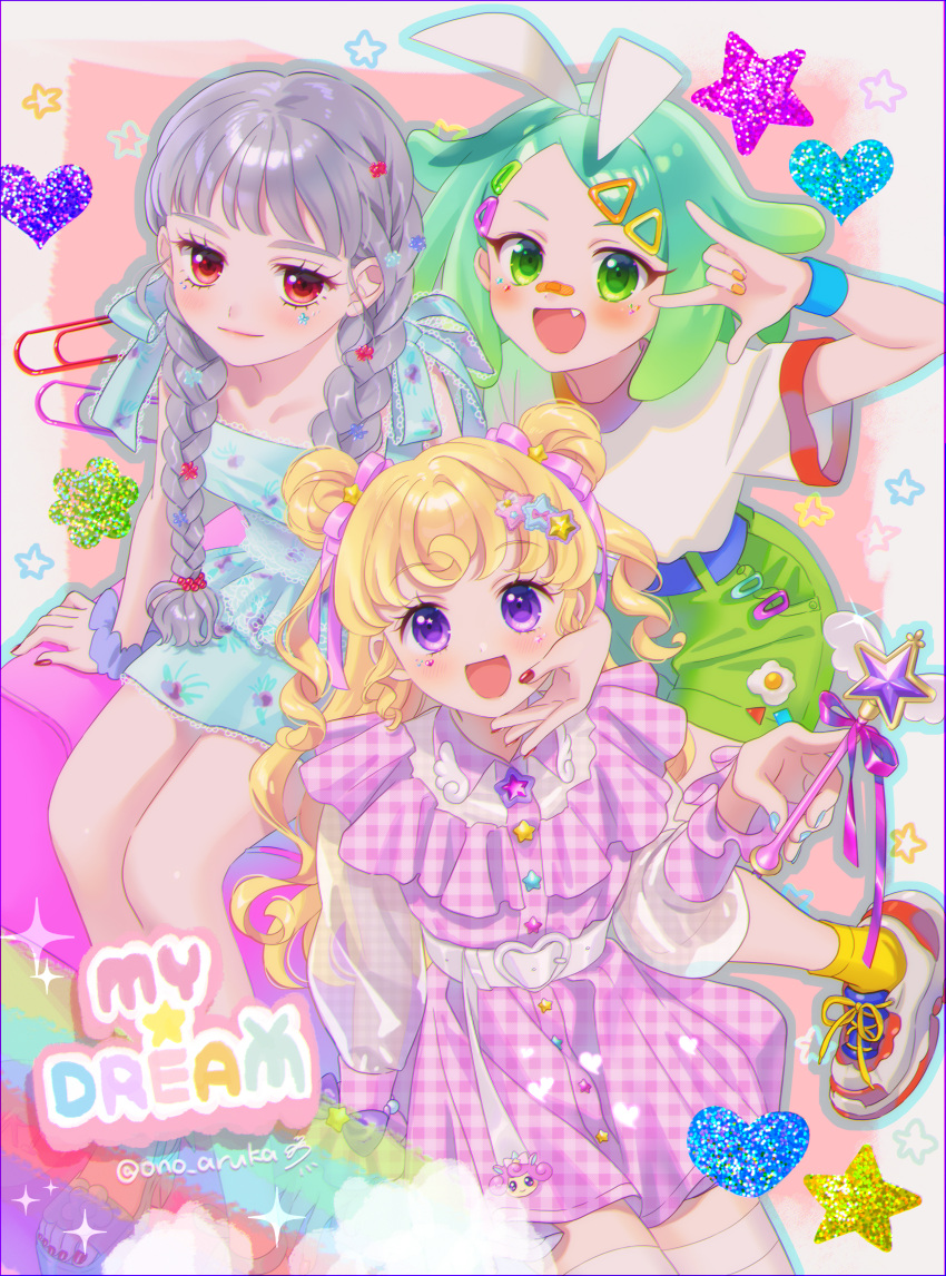 3girls :d \m/ absurdres bandaid bandaid_on_face bandaid_on_nose belt blonde_hair blue_dress blue_ribbon blunt_bangs bow braid closed_mouth collared_dress commentary_request double_bun dress from_above green_eyes green_hair green_shorts grey_hair group_name hair_bow hair_bun hairband hand_on_another's_cheek hand_on_another's_face hand_up heart highres holding holding_wand idol_time_pripara koda_michiru kotori_(gokigen_iori) long_hair long_sleeves looking_at_viewer miichiru_(pripara) multiple_girls nail_polish nijiiro_nino open_mouth orange_nails pink_dress pink_ribbon plaid plaid_dress pretty_series pripara puffy_long_sleeves puffy_sleeves punicorn purple_eyes red_eyes red_nails ribbon shirt short_dress short_hair short_sleeves shorts sitting smile sparkle star_(symbol) triangle_hair_ornament twin_braids very_long_hair wand white_belt white_bow white_hairband white_shirt wristband yumekawa_yui