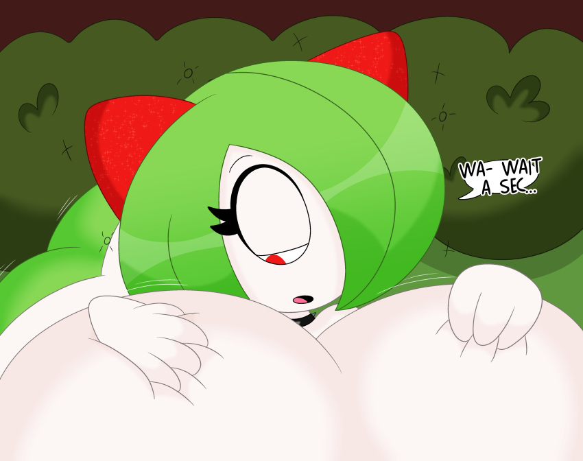 2024 3barts 4_fingers absurd_res big_butt butt butt_squish detailed_background dialogue digital_drawing_(artwork) digital_media_(artwork) duo english_text eyelashes female female/female fingers gardevoir generation_3_pokemon green_hair hair hair_over_eye head_on_butt hi_res huge_butt humanoid kirlia lying_on_butt mary_(3barts) motion_lines nintendo one_eye_obstructed open_mouth open_smile outside plant pokemon pokemon_(species) red_eyes resting short_hair shrub smile squish text vanessa_(3barts) white_body white_skin