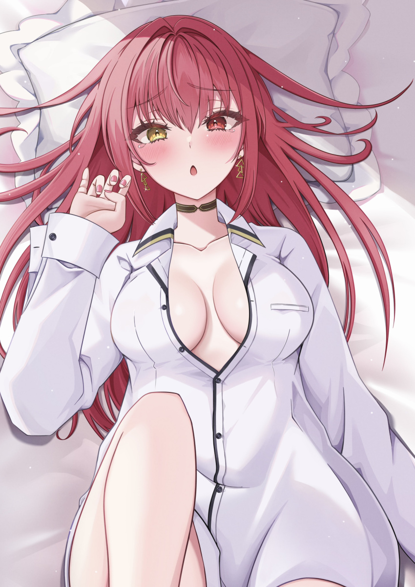 1girl absurdres blush breasts collared_shirt earrings gold_earrings heterochromia highres hololive houshou_marine jewelry large_breasts long_hair looking_at_viewer lying mt_mozuku nail_polish on_back open_mouth red_eyes red_hair red_nails shirt solo triangle_earrings virtual_youtuber white_shirt yellow_eyes