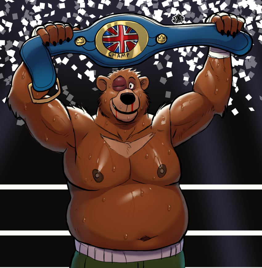 arms_above_head bear belly belt biceps black_eye_(injury) bodily_fluids bottomwear boxing_shorts brown_bear bruised bruised_eye championship_belt chest_markings clothing confetti exhausted fighting_ring green_bottomwear green_clothing green_shorts hi_res hunter-husky little_john male mammal markings moobs navel nipples raised_arms rope shirtless shorts simple_background smile solo sweat union_jack ursine wraps wrestling_belt wrist_wraps