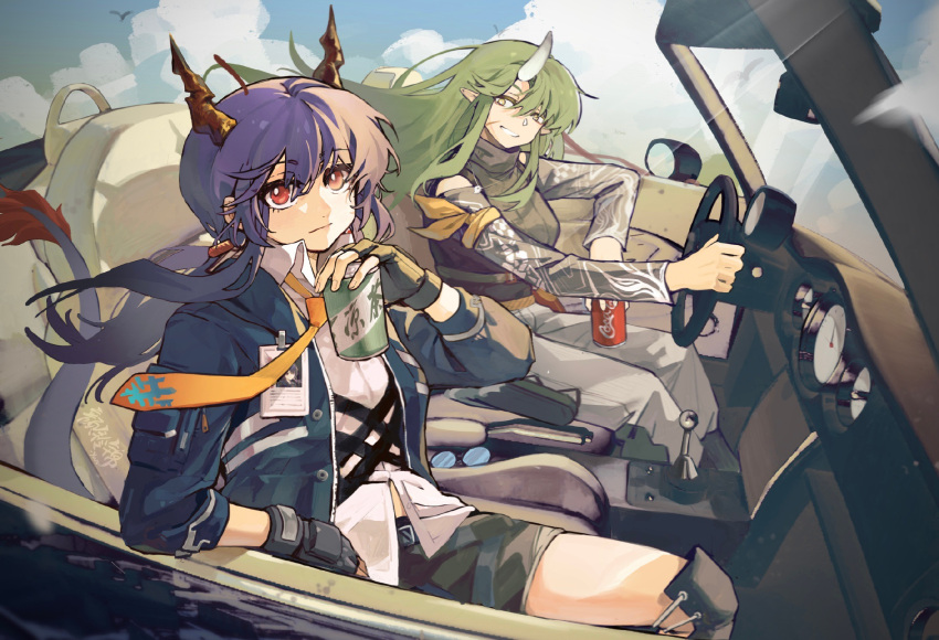 2girls arknights black_gloves black_jacket black_shirt black_shorts blue_sky can ch'en_(arknights) chinese_commentary closed_mouth cloud coca-cola commentary_request day dragon_tail driving fingerless_gloves gloves green_hair grey_pants highres holding holding_can horns hoshiguma_(arknights) jacket long_hair long_sleeves looking_at_viewer multiple_girls necktie outdoors pants parted_lips purple_hair red_eyes scar scar_on_face shirt shorts single_horn sitting sky smile steering_wheel tail twintails white_shirt yanlingjinshilihuahua yellow_necktie