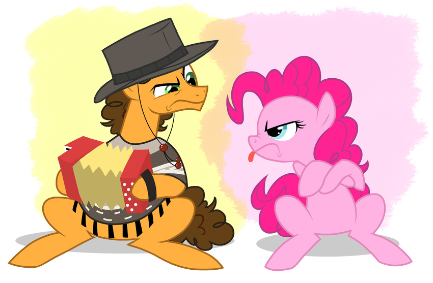 absurd_res accordion alpha_channel blue_eyes brown_fur brown_hair cheese_sandwhich_(mlp) cheese_sandwich_(mlp) duo equine female feral fillyblue friendship_is_magic fur green_eyes hair hat hi_res horse male mammal musical_instrument my_little_pony pink_fur pink_hair pinkie_pie_(mlp) poncho pony sitting spoiler tongue tongue_out