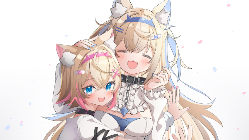 2girls :d ^_^ ame. animal_ear_fluff animal_ears blue_eyes blue_hair blue_hairband blue_nails blush breasts closed_eyes commentary dog_ears dress facing_viewer fang fangs fuwawa_abyssgard hair_between_eyes hair_ornament hairband hairclip hand_on_another's_head hands_up highres hololive hololive_english light_brown_hair long_hair long_sleeves looking_at_viewer medium_breasts mococo_abyssgard multicolored_hair multiple_girls nail_polish pink_hair pink_hairband pink_nails puffy_long_sleeves puffy_sleeves shirt short_sleeves siblings simple_background sisters smile streaked_hair twins two_side_up upper_body virtual_youtuber white_background white_dress white_shirt x_hair_ornament