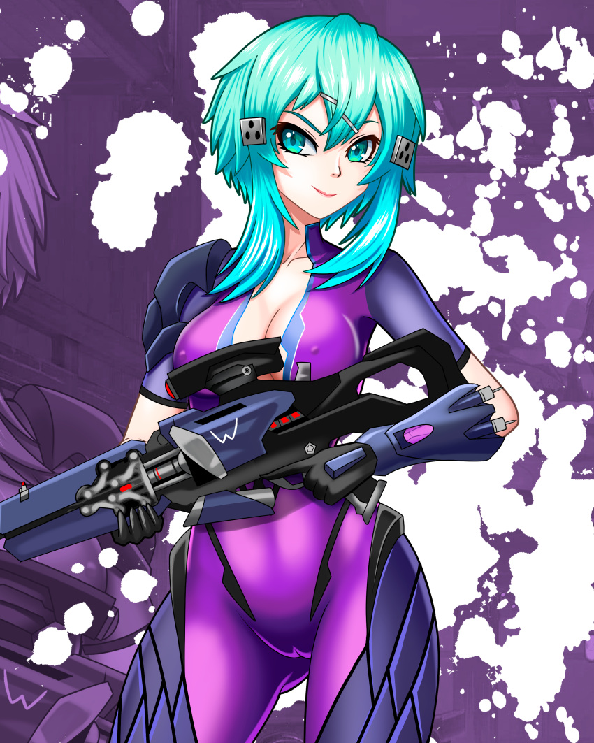 1girl absurdres black_gloves blue_eyes blue_hair breasts cameltoe cleavage cosplay covered_nipples cowboy_shot gloves gun hair_ornament hairclip highres holding holding_gun holding_weapon imrinzlergtz_art looking_to_the_side medium_breasts overwatch short_hair sinon smile solo sword_art_online trigger_discipline weapon weapon_connection widowmaker_(overwatch) widowmaker_(overwatch)_(cosplay)