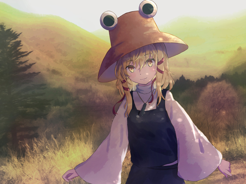 1girl :3 absurdres blonde_hair blush brown_headwear closed_mouth colored_eyelashes commentary_request cowboy_shot day eyes_visible_through_hair hair_between_eyes hair_ribbon hat highres kiritanpo117 long_sleeves looking_at_viewer moriya_suwako onbashira outdoors purple_skirt purple_vest red_ribbon ribbon shirt short_hair_with_long_locks skirt smile solo touhou tress_ribbon twitter_username vest white_shirt wide_sleeves yellow_eyes