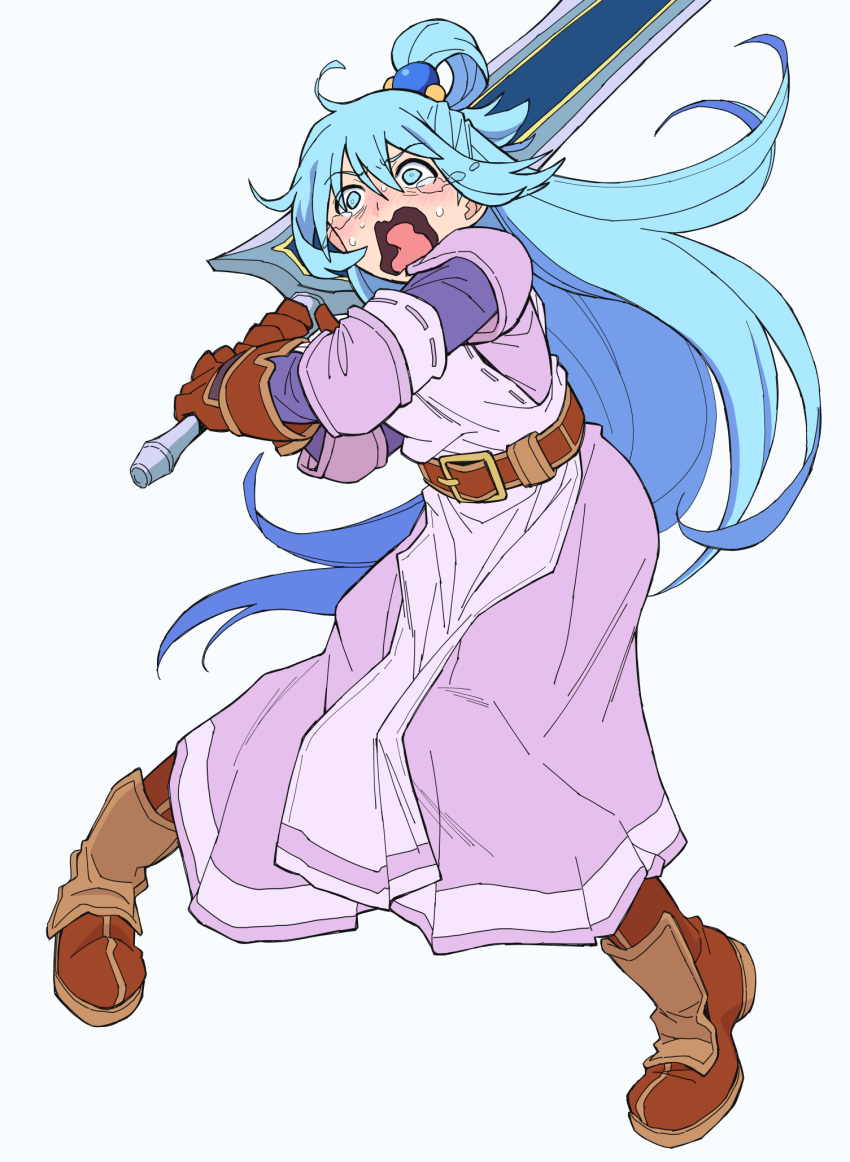 1girl anastasia_valeria anastasia_valeria_(cosplay) aqua_(konosuba) armor armored_dress belt blue_eyes blue_hair boots brown_belt brown_footwear brown_gloves commentary cosplay crying crying_with_eyes_open dress frown full_body gloves hair_ornament highres holding holding_sword holding_weapon jaw_drop kono_subarashii_sekai_ni_shukufuku_wo! leaning_forward long_dress long_hair long_sleeves open_mouth over_shoulder purple_dress ryoumoto_hatsumi scared single_hair_ring solo standing streaming_tears sweatdrop sword tears wavy_mouth weapon weapon_over_shoulder wide-eyed wild_arms wild_arms_2