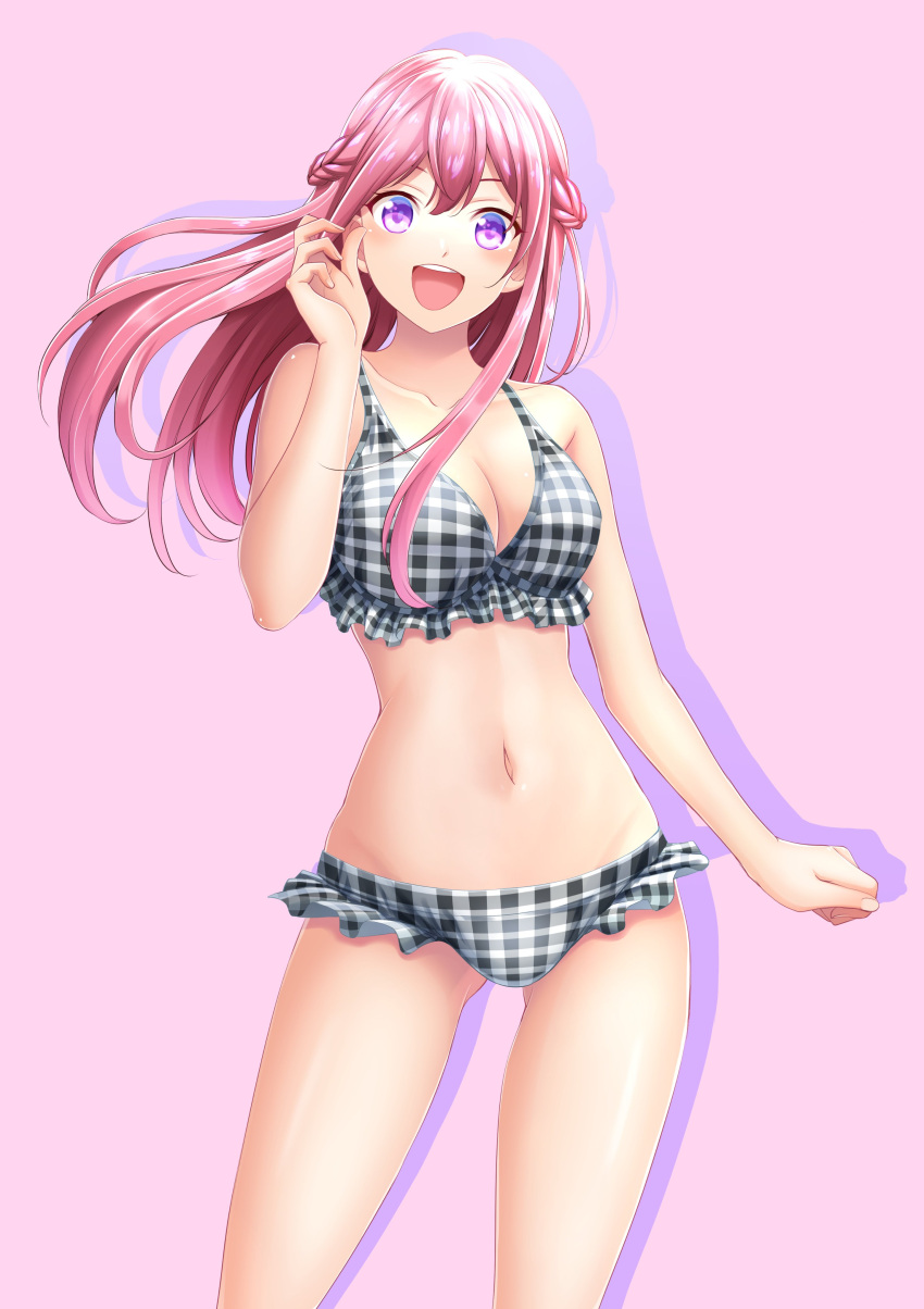 1girl absurdres ass_visible_through_thighs bikini breasts cleavage collarbone frilled_bikini frills gradient_background hand_up highres large_breasts long_hair makuzawa_ouka megami_no_kafeterasu navel open_mouth pink_background pink_hair plaid plaid_bikini purple_eyes seo_kouji solo standing swimsuit teeth upper_teeth_only