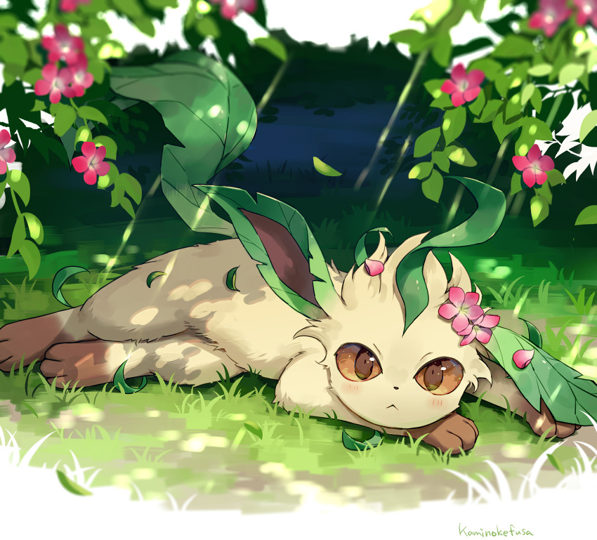 :&lt; artist_name blush branch brown_eyes closed_mouth commentary_request falling_leaves flower flower_on_head grass highres kaminokefusa leaf leafeon light_rays looking_at_viewer lying no_humans on_grass outdoors petals pink_flower pokemon pokemon_(creature) solo