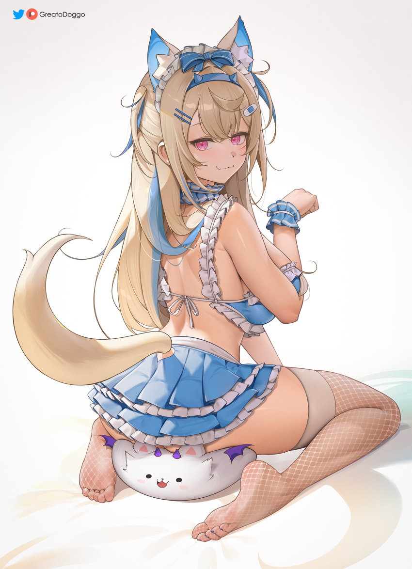1girl animal_ear_fluff animal_ears artist_name ass back blonde_hair blue_hair blush breasts collar dog_ears dog_girl fang feet from_behind fuwawa_abyssgard greatodoggo hair_ornament highres hololive hololive_english large_breasts legs long_hair looking_at_viewer multicolored_hair nail_polish patreon_logo patreon_username perroccino_(fuwamoco) pink_eyes sitting skin_fang skirt smile soles solo streaked_hair tail thighhighs thighs toenail_polish toenails toes twitter_logo twitter_username virtual_youtuber
