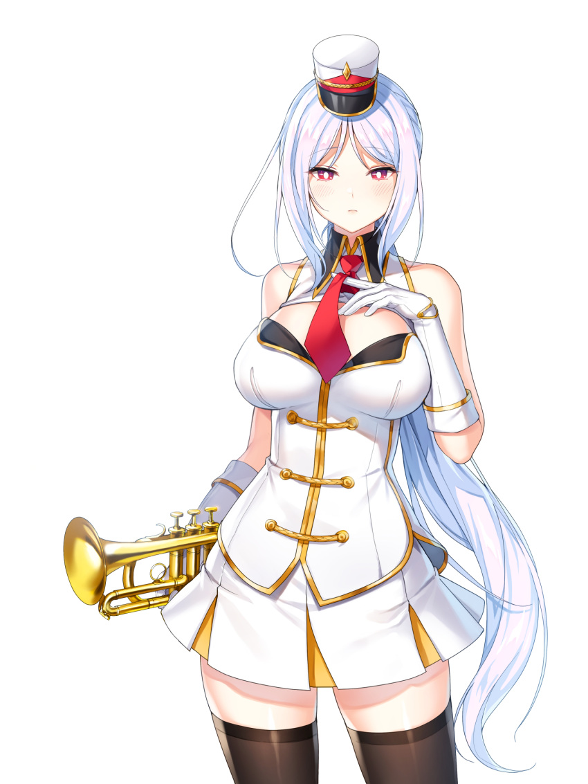 1girl band_uniform bare_shoulders black_thighhighs blush breasts bright_pupils buttons cleavage_cutout closed_mouth closers clothing_cutout collared_jacket cowboy_shot double-breasted fold-over_gloves furrowed_brow gloves half-closed_eyes hand_on_own_chest hand_up hat highres holding holding_instrument holding_trumpet impossible_clothes impossible_jacket instrument jacket large_breasts legs_apart long_hair looking_at_viewer marching_band mini_shako_cap miniskirt mirae_(closers) necktie official_art parted_bangs pleated_skirt ponytail red_eyes red_necktie shako_cap sidelocks skirt sleeveless sleeveless_jacket solo standing thighhighs trumpet uniform very_long_hair white_background white_gloves white_hair white_headwear white_jacket white_pupils white_skirt wing_collar zettai_ryouiki