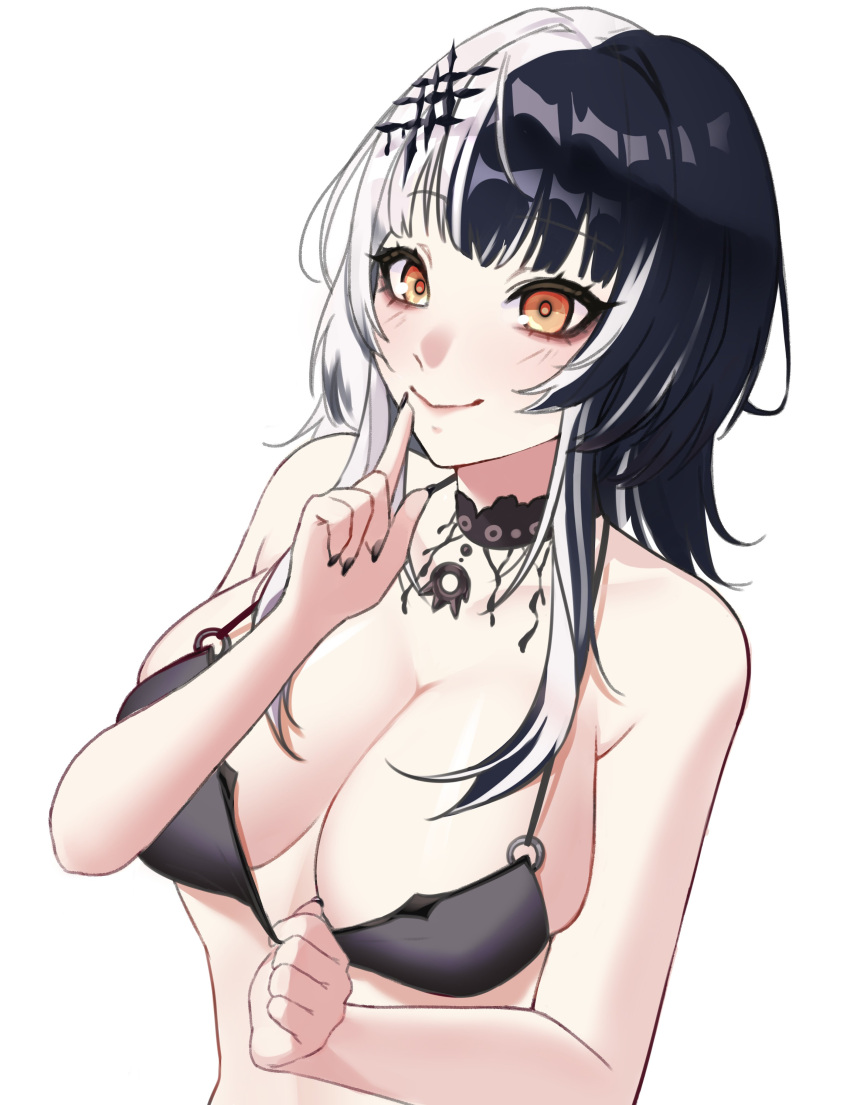 1girl absurdres bikini bikini_top_only black_choker black_hair black_nails blush breasts choker cleavage grey_hair hair_ornament highres hololive hololive_english kyoko_nya large_breasts long_hair looking_at_viewer multicolored_hair shiori_novella simple_background smile solo split-color_hair swimsuit two-tone_hair upper_body virtual_youtuber white_background yellow_eyes