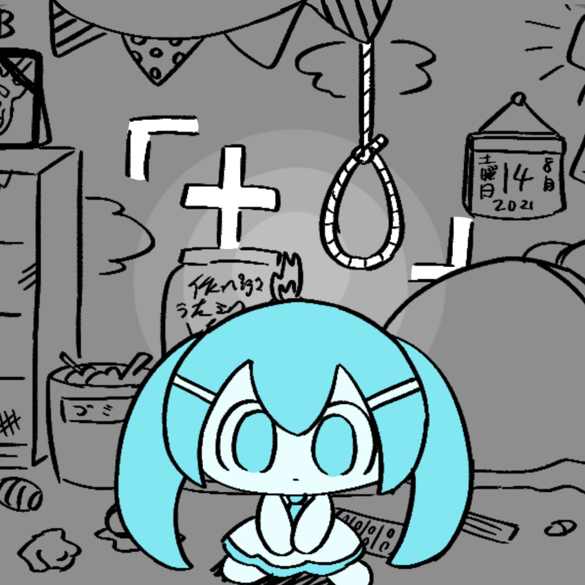 +-0_(vocaloid) 1girl absurdres aqua_eyes aqua_hair aqua_necktie candle candlestand chest_of_drawers chibi chibi_only frown hair_between_eyes hair_ornament hatsune_miku highres long_hair monochrome necktie no_eyebrows no_pupils noose on_floor pepoyo sitting sleeveless solo spot_color trash_can twintails vocaloid