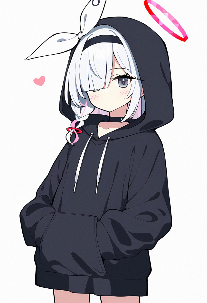 1girl absurdres alternate_costume auto_ins black_hairband blue_archive blush braid choker commentary hair_over_one_eye hairband halo highres hood hood_up hoodie long_sleeves looking_at_viewer plana_(blue_archive) red_halo single_braid solo white_hair