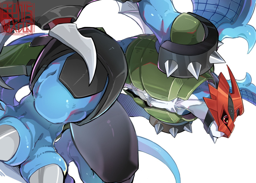 armor artist_logo blue_skin claws colored_skin digimon digimon_(creature) dragon eye_mask highres paildramon red_eyes shoulder_spikes spikes tail wings youzaiyouzai112