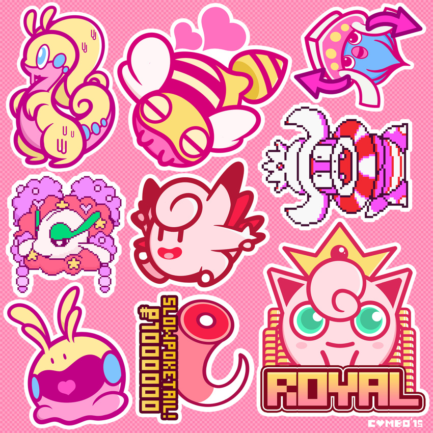 angel_wings arrow_(symbol) blush_stickers checkered_background clefable closed_mouth combotron-robot commentary crown dunsparce english_commentary english_text florges flower goodra goomy green_eyes heart highres inkay jigglypuff no_humans outline pink_background pixel_art pokemon pokemon_(creature) simple_background slowking smile straight-on white_outline white_wings wings yellow_headwear