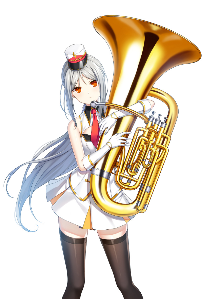 1girl band_uniform bare_shoulders black_thighhighs breasts buttons cleavage_cutout closed_mouth closers clothing_cutout collared_jacket double-breasted euphonium expressionless feet_out_of_frame fold-over_gloves gloves grey_hair hat head_tilt highres holding holding_instrument hugging_object instrument jacket legs_apart long_hair looking_at_viewer marching_band mini_shako_cap miniskirt necktie no_pupils official_art orange_eyes parted_bangs pleated_skirt ponytail red_necktie shako_cap sidelocks skirt sleeveless sleeveless_jacket small_breasts solo standing thighhighs tina_(closers) uniform very_long_hair white_background white_gloves white_headwear white_jacket white_skirt wing_collar zettai_ryouiki