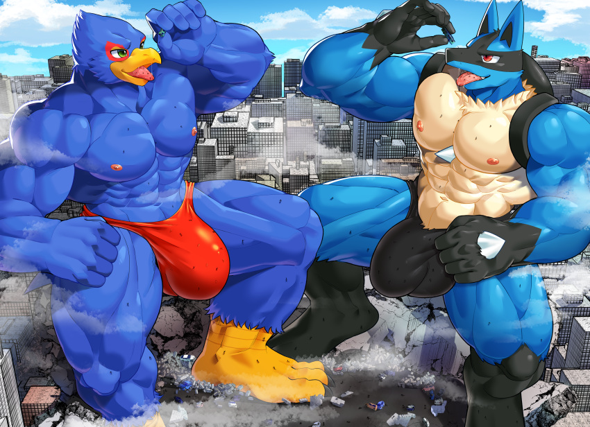 absurd_res anthro avian bird blue_body bodily_fluids building bulge bus canid canine car city clothing cloud commercial_vehicle destruction detailed_bulge duo english_text falco_lombardi generation_4_pokemon genital_outline hi_res lucario macro male mammal mayar muscular muscular_male nintendo pokemon pokemon_(species) saliva sitting speedo star_fox swimwear text tongue tongue_out vehicle vore