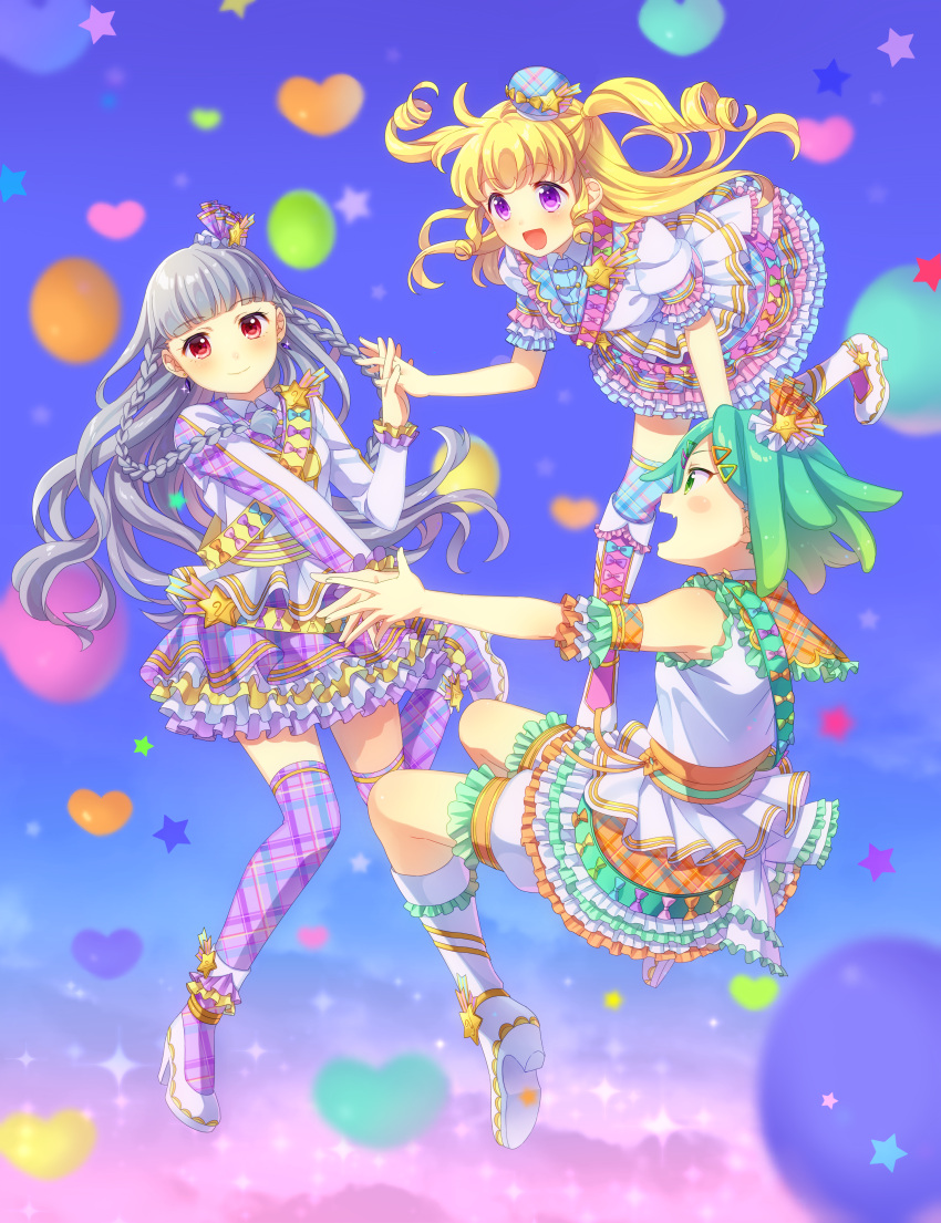 3girls :d absurdres balloon blonde_hair blunt_bangs boots braid circle_formation closed_mouth frilled_skirt frills full_body green_hair green_skirt grey_hair hat high_heels highres holding_hands idol_clothes idol_time_pripara jacket koda_michiru kotori_(gokigen_iori) long_hair long_sleeves looking_at_another midair miichiru_(pripara) mini_hat multiple_girls nijiiro_nino open_mouth pretty_series pripara purple_eyes purple_shirt purple_sky purple_thighhighs red_eyes ringlets sash shirt short_hair shoulder_sash skirt sky smile thighhighs twin_braids two_side_up very_long_hair wavy_hair white_footwear white_jacket yumekawa_yui