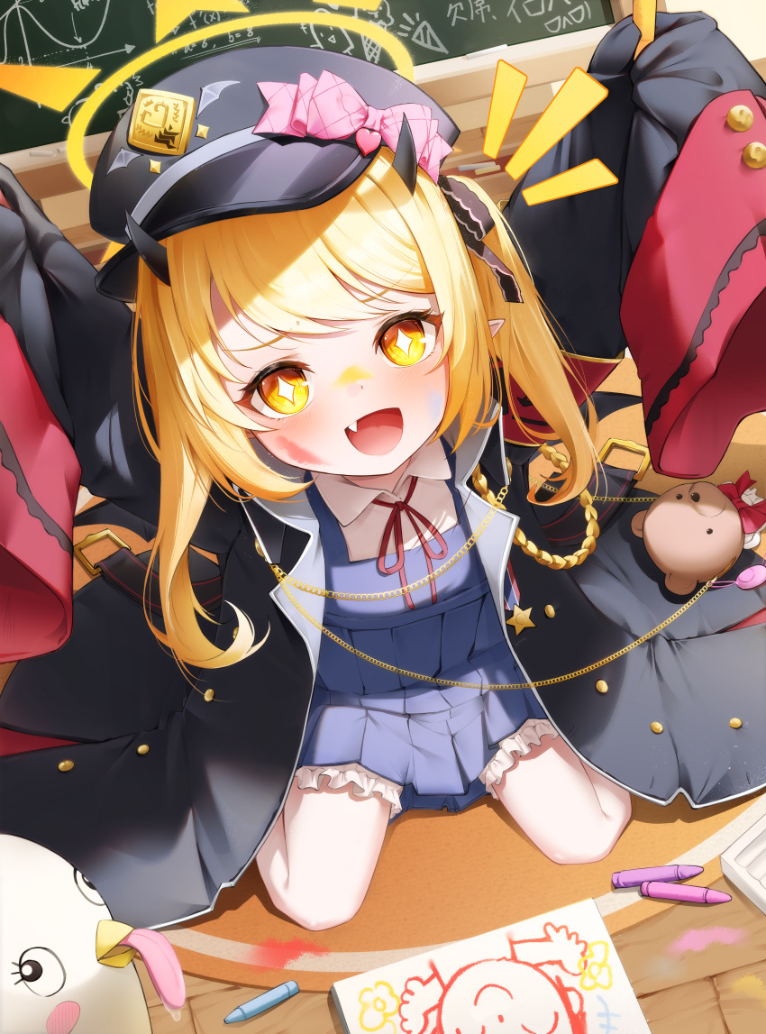 1girl absurdres black_coat black_dress black_headwear black_horns blonde_hair blue_archive blush chalkboard coat collared_shirt crayon demon_horns doodle_sensei_(blue_archive) dress fang hat highres horns ibuki_(blue_archive) long_hair looking_at_viewer nalnari_(wkdrn0624) open_clothes open_coat open_mouth peaked_cap peroro_(blue_archive) pinafore_dress pointy_ears sensei_(blue_archive) shirt side_ponytail skin_fang sleeveless sleeveless_dress sleeves_past_fingers sleeves_past_wrists smile solo white_shirt yellow_eyes