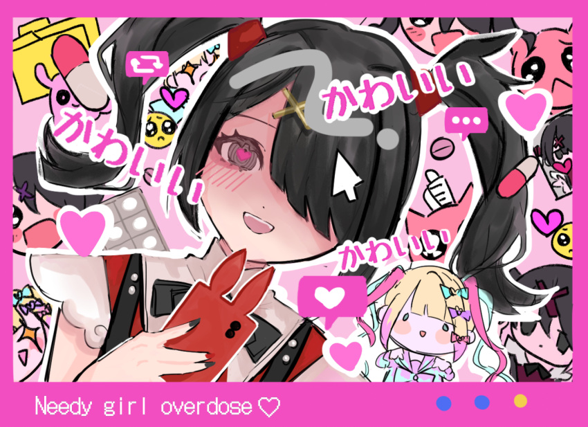 ... 2girls :&lt; :d ame-chan_(needy_girl_overdose) aqua_bow aqua_hair arrow_(symbol) black_bow black_hair black_nails blister_pack blonde_hair border bow cellphone chibi chibi_inset chouzetsusaikawa_tenshi-chan commentary copyright_name cursor emoji fingernails folder grey_eyes hair_bow hair_ornament hair_over_one_eye hairclip heart heart-shaped_pupils holding holding_phone jirai_kei long_bangs looking_at_viewer medicine multicolored_hair multicolored_nails multiple_girls nail_polish needy_girl_overdose okeppunanodesu one_eye_covered open_mouth phone pill pink_border pink_bow pink_hair pixel_heart pixel_text purple_bow quad_tails red_nails ringed_eyes shirt smartphone smile spoken_ellipsis spoken_heart symbol-shaped_pupils upper_body white_shirt x_hair_ornament